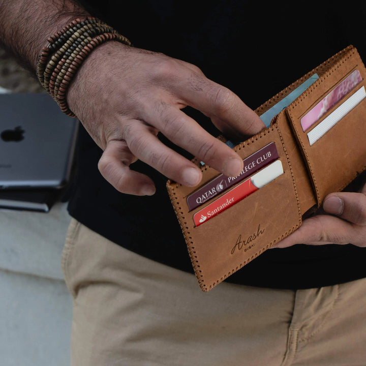 DIRHAM; Handmade Camel Leather Wallet.