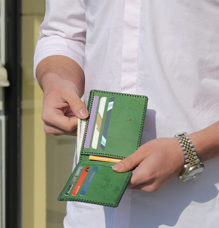 DIRHAM; Handmade Camel Leather Wallet.